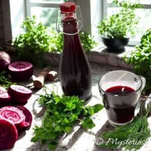 Szklany butelka z domowym zakwasem buraczanym, czerwony fermentowany napój z buraków