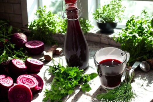 Szklany butelka z domowym zakwasem buraczanym, czerwony fermentowany napój z buraków